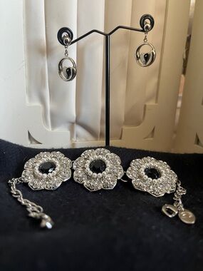 Charming Charlie Silver-Tone Black Floral Bracelet with bonus earrings